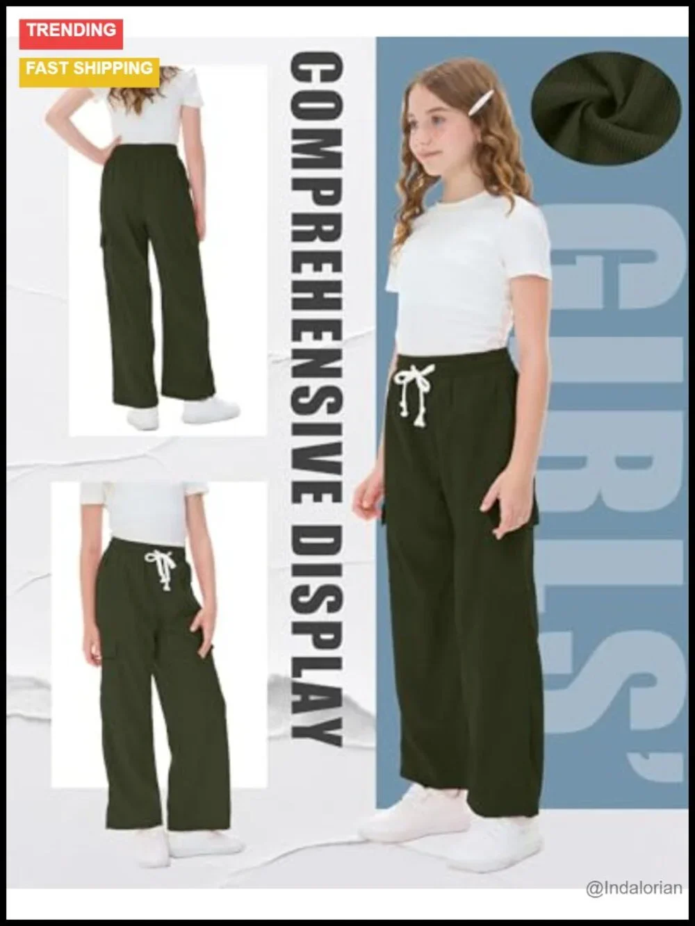 Girls Corduroy Cargo Pants Jogger with Pockets School Uniform Straight Leg